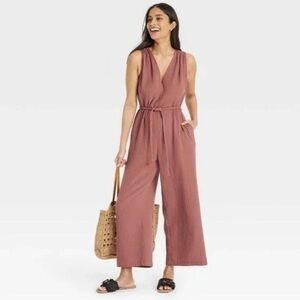 Universal Thread Rose V- Neck Wide Leg Jumpsuit with Braided Belt